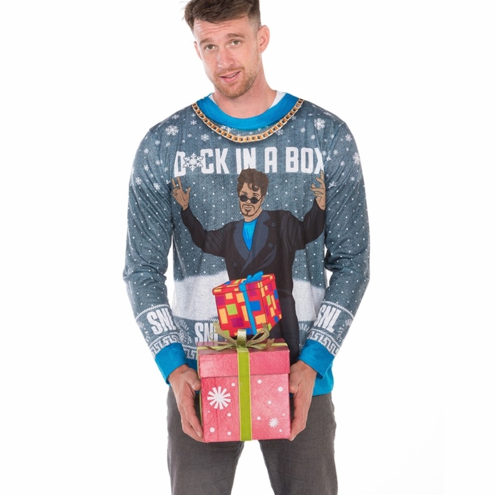 SNL D*ck in a Box Ugly Christmas L/S Faux Real Andy Samberg All-Over Small Shirt